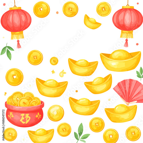 Watercolor Chinese New Year elements with lanterns gold ingots and coins for prosperity celebration.