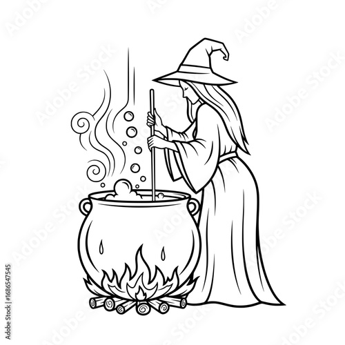 Witch stirring potion in cauldron over fire, classic Halloween illustration, magic and mystery