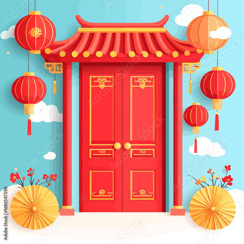 Red Chinese Style Door with Traditional Design Elements.