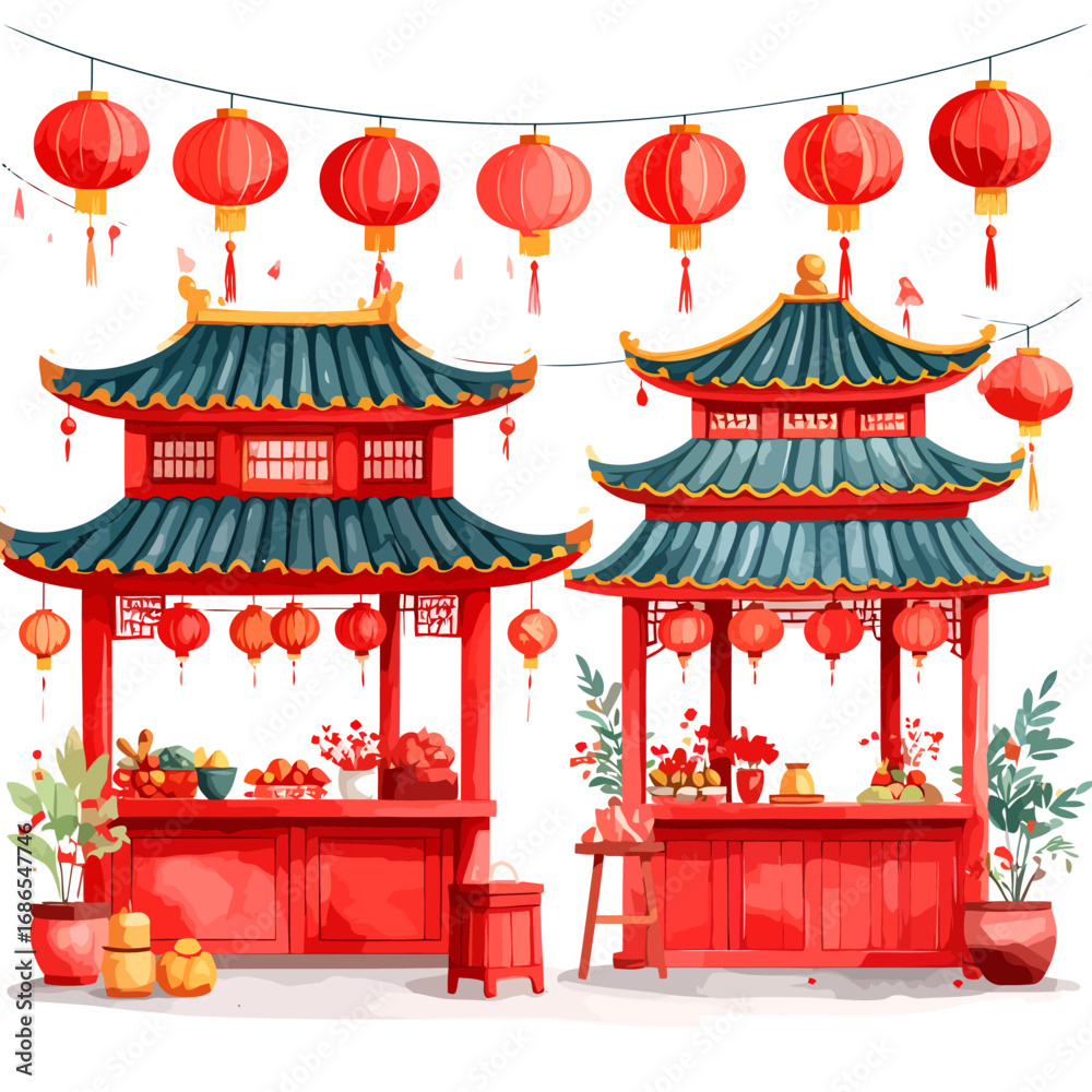 Fototapeta premium Chinese New Year festive market stalls with lanterns and decorations.