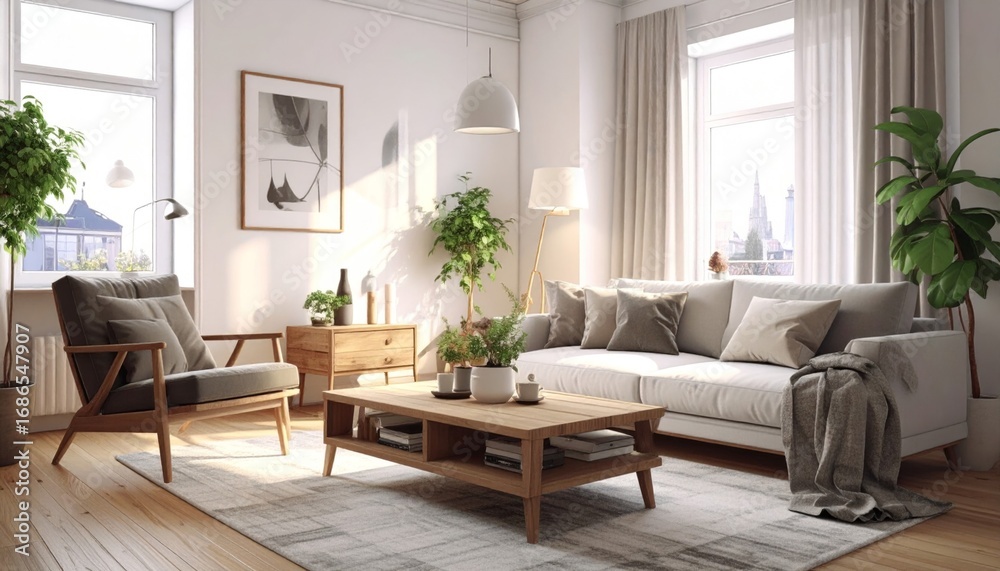 Fototapeta premium Modern Living Room Interior with Natural Light and Green Plants