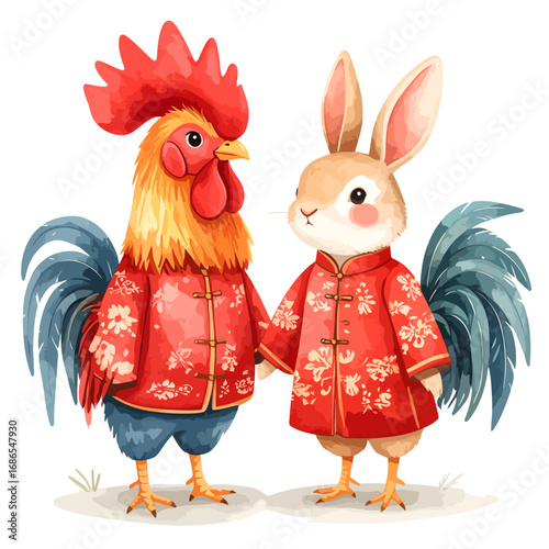 Festive Rooster and Rabbit Celebrating Chinese New Year in Traditional Attire.