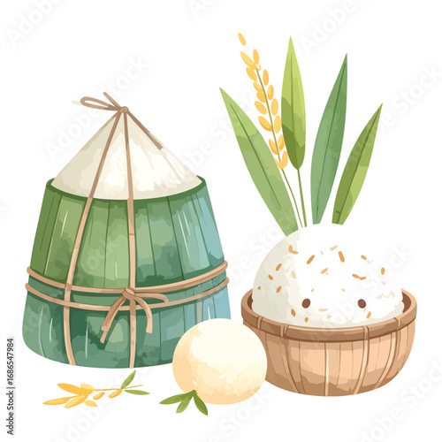 Watercolor illustration of traditional zongzi and cute rice bowl.
