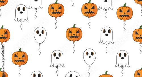 Seamless halloween pattern featuring spooky ghost balloons and carved pumpkin lanterns, perfect for festive backgrounds and designs