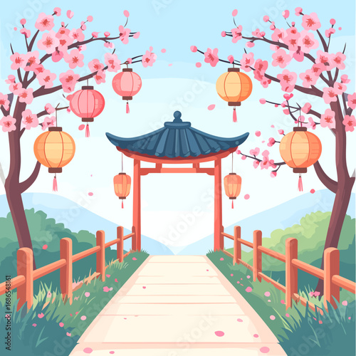 Japanese Garden Gate with Cherry Blossoms and Lanterns.