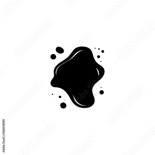 Abstract black ink blot or liquid splash graphic design element on a white background, resembling a paint drip or stain.
