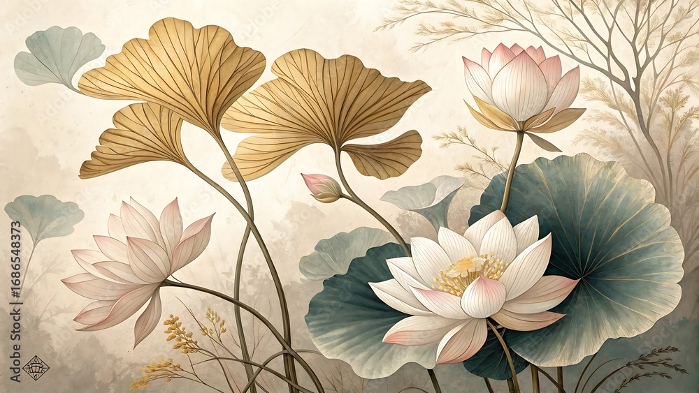 custom made wallpaper toronto digitalAi generated image of elegant botanical illustration of lotus flowers and ginkgo leaves on textured background