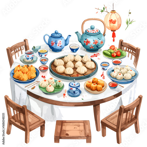 Round table laden with delicious Chinese dumplings and tea set.
