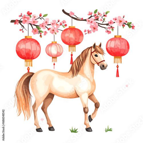 A graceful horse stands beneath a branch adorned with cherry blossoms and traditional Chinese lanterns.