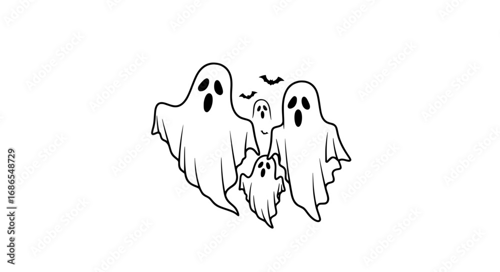 Obraz premium Spooky season fun with a family of friendly ghosts and bats for Halloween decorations and party invites