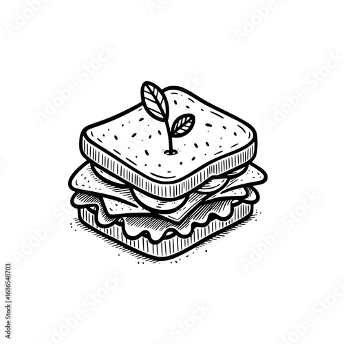 Hand-drawn illustration of a sandwich with a sprout on top, showing detailed bread texture and fillings.