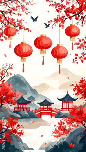 Festive Chinese New Year Scene with Red Lanterns and Traditional Architecture.