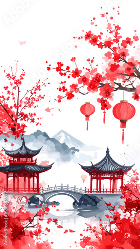 Traditional Chinese Pagodas and Cherry Blossoms.