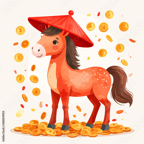 Cute cartoon horse wearing a traditional Asian conical hat and standing on gold coins.