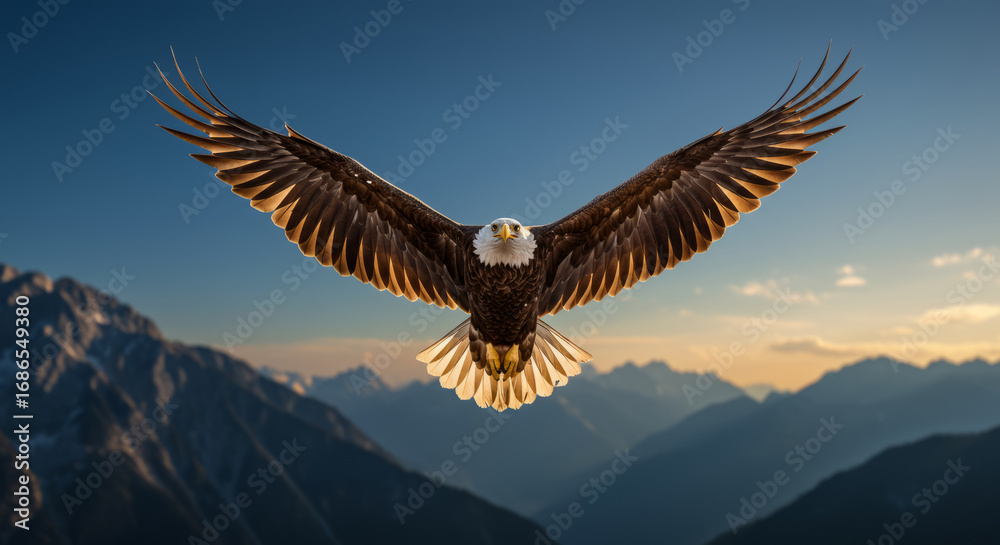 Obraz premium Majestic Bald Eagle Soaring Above Mountain Peaks.