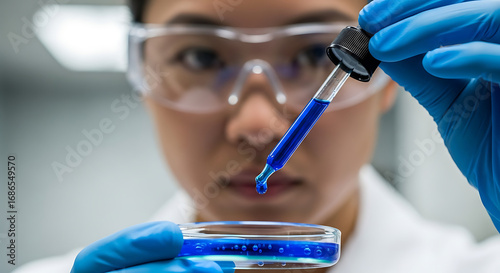 Asian scientist working with a petri dish and pipette in a laboratory setting