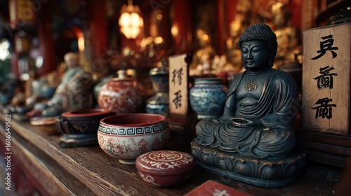 Seated Buddha Sculpture with Asian Pottery and Calligraphy Artifacts