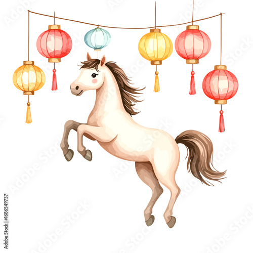 A majestic white horse rearing up playfully surrounded by festive lanterns.