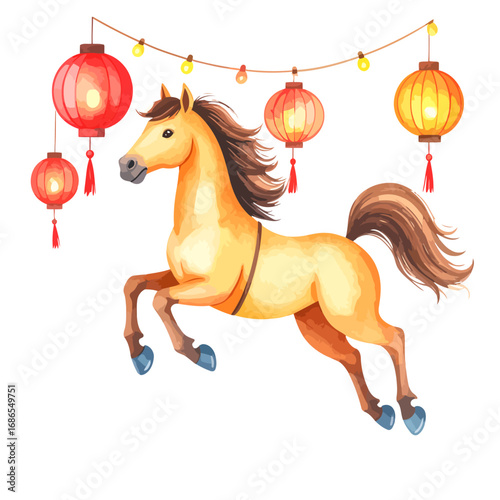 Watercolor illustration of a light brown horse in a jumping pose, with Chinese lanterns in the background.