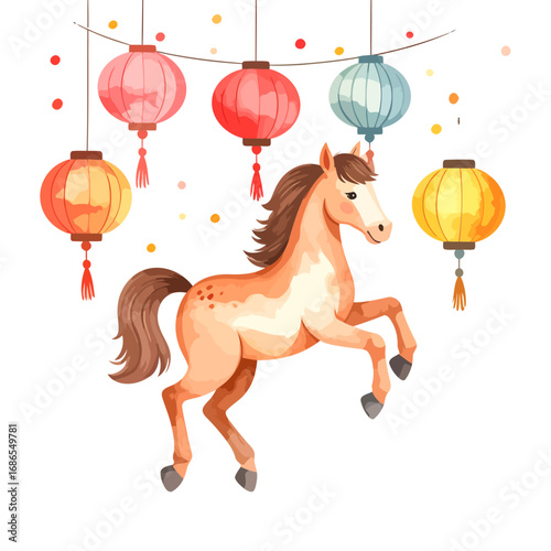 A Watercolor Horse Illustration with Chinese Lanterns.