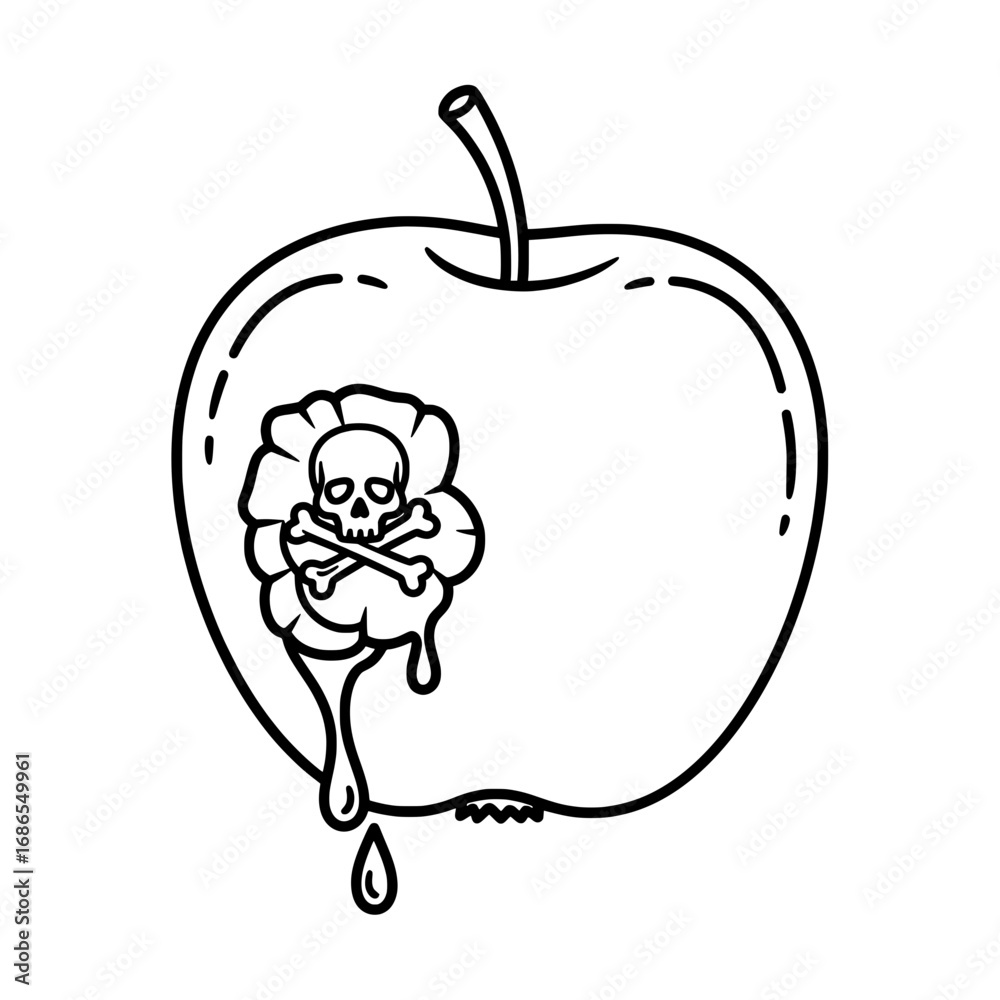 Obraz premium Poison apple illustration with skull and flower design for Halloween or gothic themes, vector art style