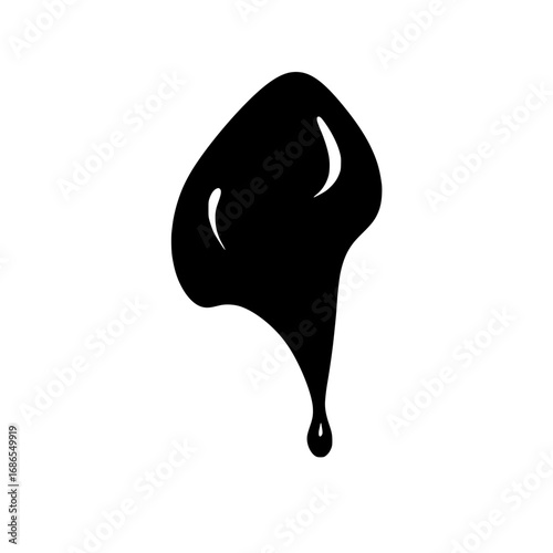 A simple black silhouette of a viscous liquid blob dripping a single drop against a white background.