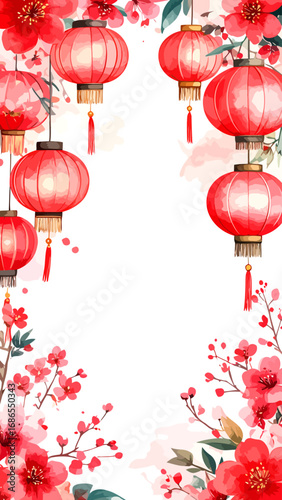 Red lanterns hanging with flowers, Chinese New Year celebration.