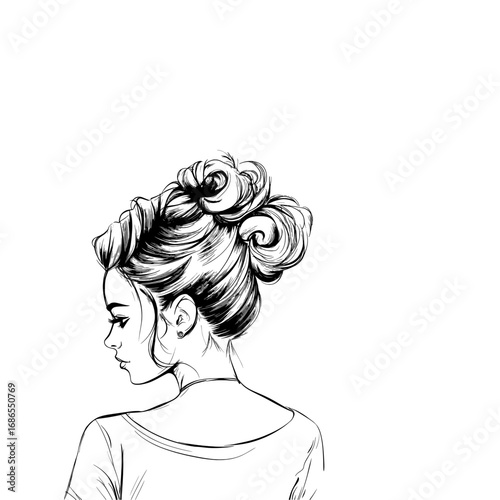 A black and white sketch of a woman's head from behind, with her hair styled in an elaborate updo.