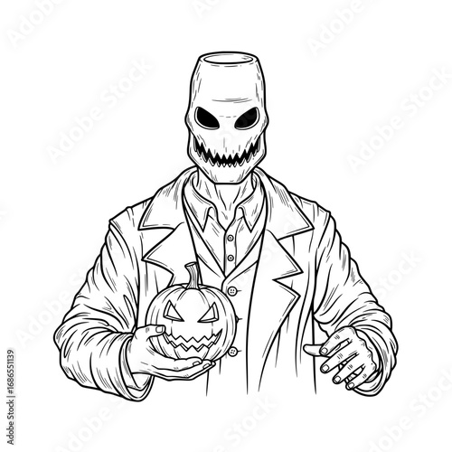 Creepy Halloween monster with pumpkin illustration for spooky season graphic design or scary holiday artwork