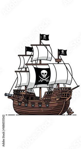 Classic Pirate Ship with Jolly Roger Flag Sailing on the Sea.
