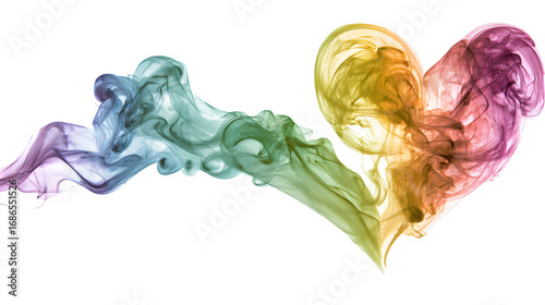 rainbow-colored heart-shaped smoke swirl isolated on white