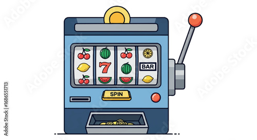 Classic Slot Machine with Coin and Lever.