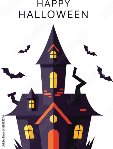 Spooky haunted house with bats and happy halloween text