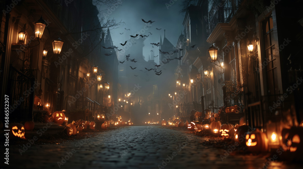 A spooky Halloween street adorned with carved pumpkins and flying bats at night.
