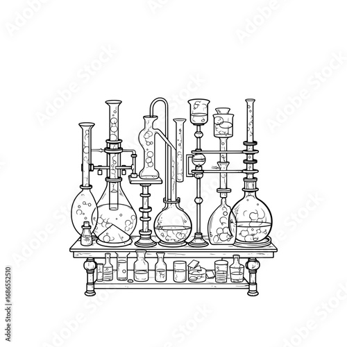 Detailed illustration of a vintage chemistry lab setup with various glassware and equipment on a wooden table.