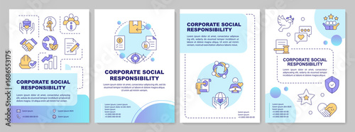Corporate social responsibility blue circle brochure layout. Business core values. Leaflet advertising design with color line icons. Editable 4 pages. Arial-Bold, Myriad Pro-Regular fonts used