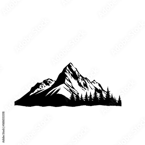 A striking black and white silhouette of a majestic mountain range with pine trees in the foreground, evoking a sense of adventure and nature's grandeur.