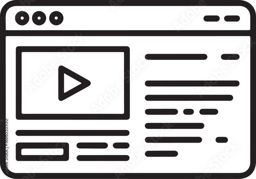 Simple line art icon of a web page with a video player and text content