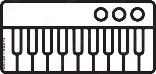 Minimalist black and white line art icon of a small electronic keyboard with three knobs
