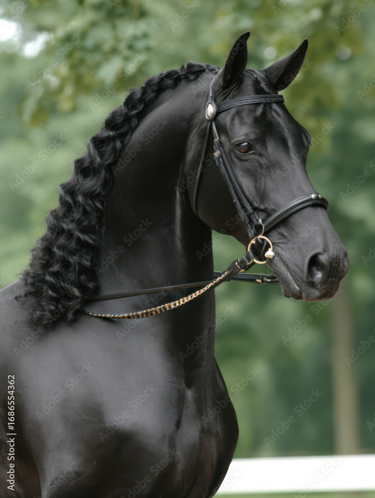 Obraz premium Portrait of a frisian black horse in profile with long, curly hair