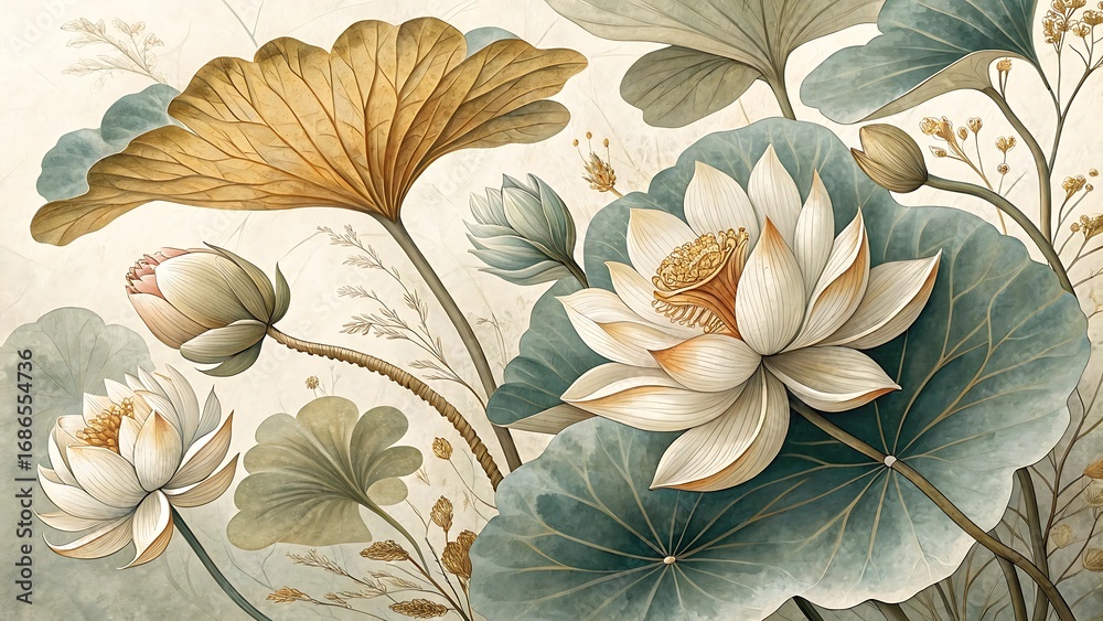 custom made wallpaper toronto digitalAi generated image of luxury botanical design with lotus blooms and ginkgo leaves