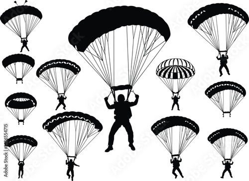 Silhouette of parachutists skydiving with parachutes, extreme sport activity, adventure jump, sky background, free fall illustration