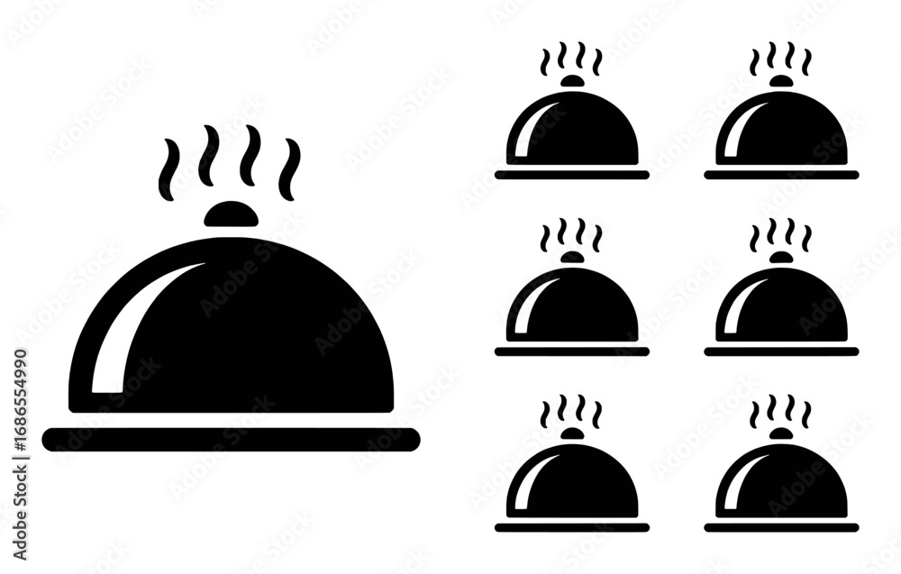 Fototapeta premium Black Icons of Hot Food Cloches with Steam on White Background