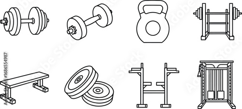 Collection of clean line art gym equipment icons for fitness and training.