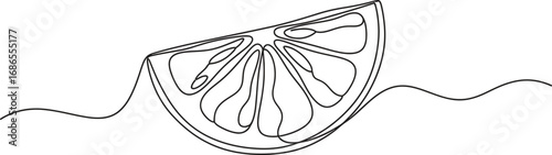 Minimalist line art illustration of a citrus slice with flowing waves