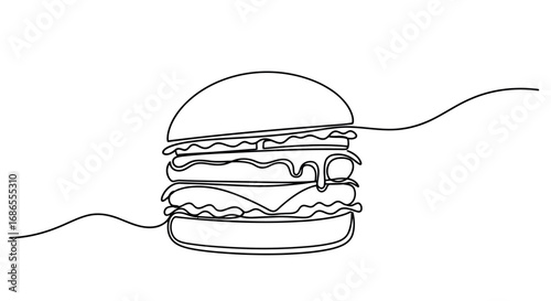 Single line drawing of a double cheeseburger