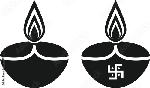 Twin Diya Vector with Swastika – Black and White Diwali Symbol Silhouette