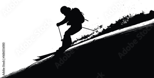 Silhouette of skier downhill skiing, extreme winter sports, mountain slope adventure, snow powder action, outdoor lifestyle
