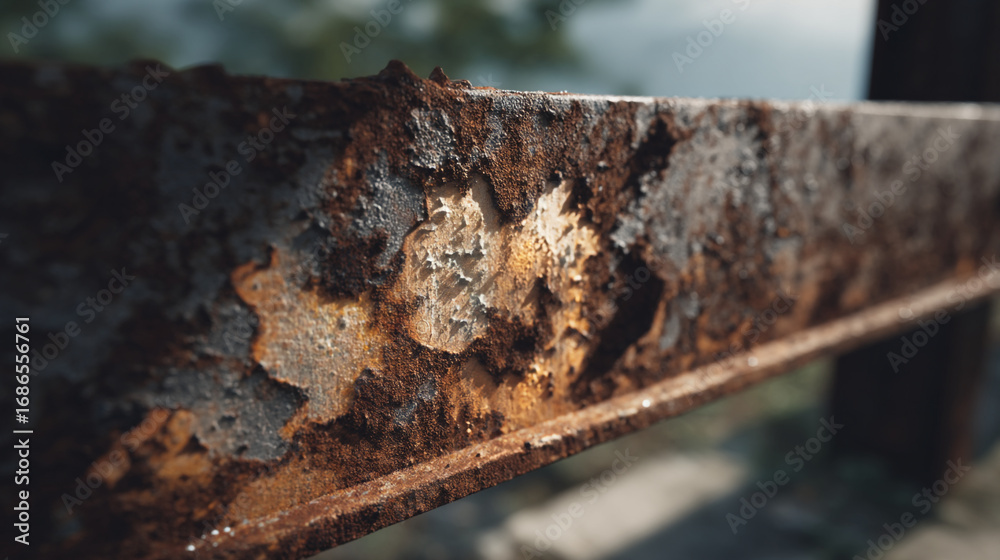 Fototapeta premium A close up view of a rusted metal beam with peeling paint and visible corrosion on its surface