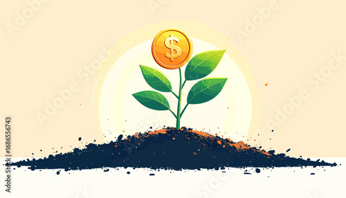 A symbolic illustration of financial growth and investment, depicting a vibrant plant with a golden dollar coin bloom, representing wealth accumulation and future prosperity